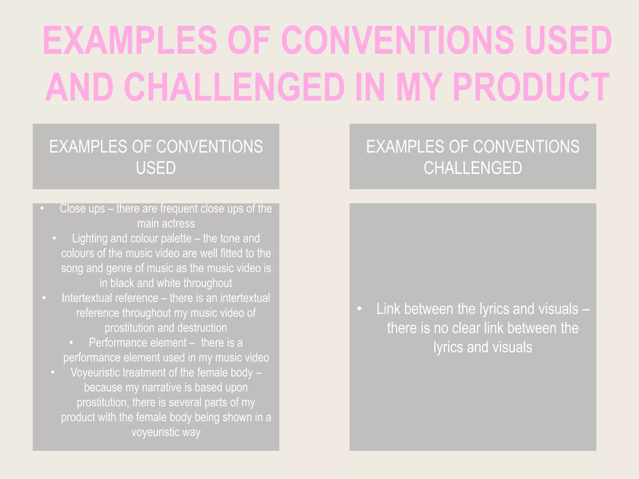 EXAMPLES OF CONVENTIONS USED
AND CHALLENGED IN MY PRODUCT
EXAMPLES OF CONVENTIONS
USED
EXAMPLES OF CONVENTIONS
CHALLENGED
• Close ups – there are frequent close ups of the
main actress
• Lighting and colour palette – the tone and
colours of the music video are well fitted to the
song and genre of music as the music video is
in black and white throughout
• Intertextual reference – there is an intertextual
reference throughout my music video of
prostitution and destruction
• Performance element – there is a
performance element used in my music video
• Voyeuristic treatment of the female body –
because my narrative is based upon
prostitution, there is several parts of my
product with the female body being shown in a
voyeuristic way
• Link between the lyrics and visuals –
there is no clear link between the
lyrics and visuals
 