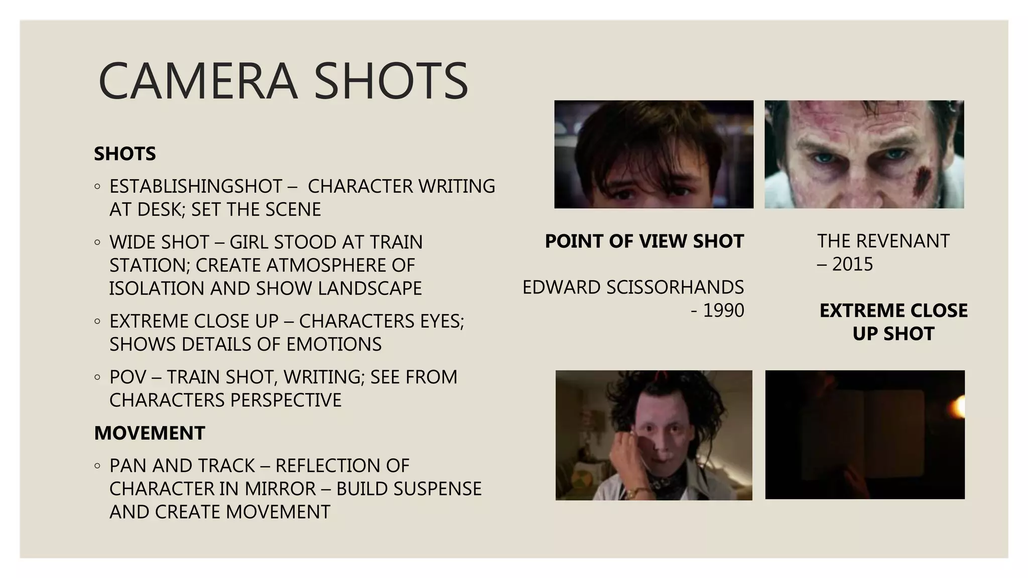 CAMERA SHOTS
SHOTS
◦ ESTABLISHINGSHOT – CHARACTER WRITING
AT DESK; SET THE SCENE
◦ WIDE SHOT – GIRL STOOD AT TRAIN
STATION; CREATE ATMOSPHERE OF
ISOLATION AND SHOW LANDSCAPE
◦ EXTREME CLOSE UP – CHARACTERS EYES;
SHOWS DETAILS OF EMOTIONS
◦ POV – TRAIN SHOT, WRITING; SEE FROM
CHARACTERS PERSPECTIVE
MOVEMENT
◦ PAN AND TRACK – REFLECTION OF
CHARACTER IN MIRROR – BUILD SUSPENSE
AND CREATE MOVEMENT
THE REVENANT
– 2015
EXTREME CLOSE
UP SHOT
POINT OF VIEW SHOT
EDWARD SCISSORHANDS
- 1990
 