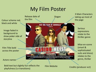 My Film Poster
                                                                  3 Main Characters
                        Release date of             Slogan        taking up most of
Colour scheme red,      the film                                  the page
black and white

                                                                     Serious
 Image faded in                                                      expressions
 background to                                                       relate to the
 show poker side of                                                  thriller genre
 storyline

                                                                     Mise-en-scene
Film Title bold                                                      (smart &
across the poster                                                    sophisticated
                                                                     suits and dress)
                                                                     relates to the
 Actors names                                                        genre, thriller

  Bold text but slightly fun reflects the   Film Website     Credits (producer ect)
  playfulness (i.e transitions)
 