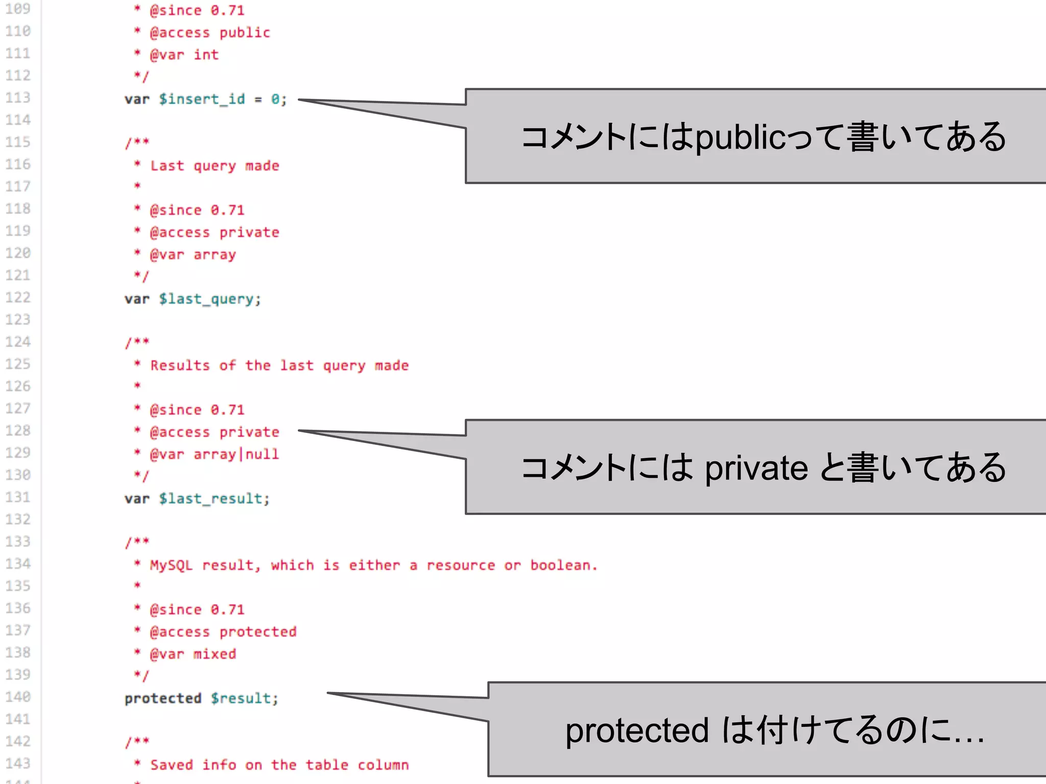 コメントにはpublicって書いてある
protected は付けてるのに…
コメントには private と書いてある
 