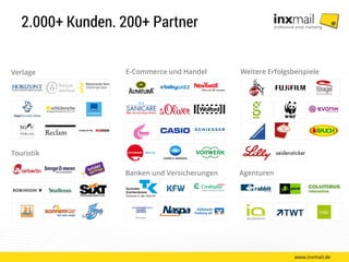 2.000+ Kunden. 200+ Partner
www.inxmail.de
E-Commerce und Handel
Banken und Versicherungen
Touristik
Weitere ErfolgsbeispieleVerlage
Agenturen
 