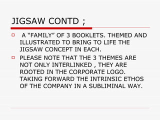 JIGSAW CONTD ; A “FAMILY” OF 3 BOOKLETS. THEMED AND ILLUSTRATED TO BRING TO LIFE THE JIGSAW CONCEPT IN EACH.  PLEASE NOTE THAT THE 3 THEMES ARE NOT ONLY INTERLINKED , THEY ARE ROOTED IN THE CORPORATE LOGO. TAKING FORWARD THE INTRINSIC ETHOS OF THE COMPANY IN A SUBLIMINAL WAY. 