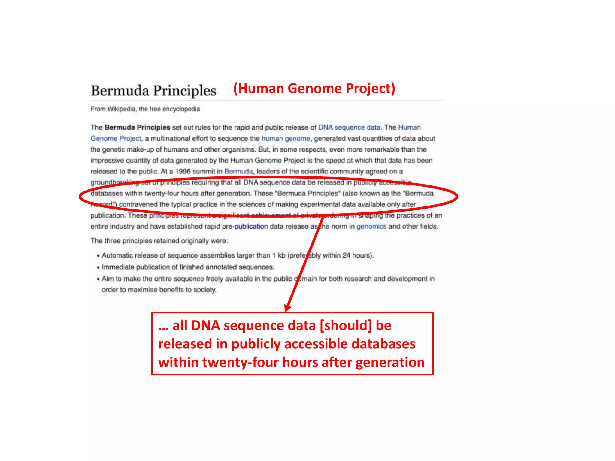 (Human Genome Project)
… all DNA sequence data [should] be
released in publicly accessible databases
within twenty-four hours after generation
 