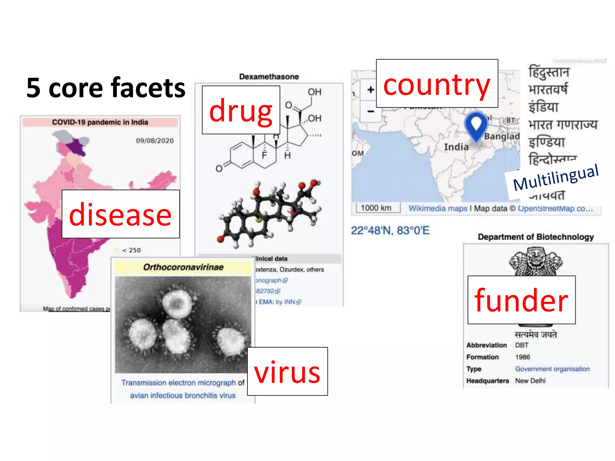5 core facets country
drug
funder
disease
virus
 