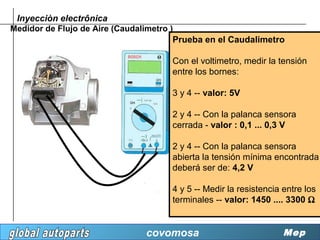 Inyecciòn electrônica
Medidor de Flujo de Aire (Caudalimetro )
                                        Prueba en el Caudalimetro

                                      Con el voltimetro, medir la tensión
                                      entre los bornes:

                                      3 y 4 -- valor: 5V

                                      2 y 4 -- Con la palanca sensora
                                      cerrada - valor : 0,1 ... 0,3 V

                                      2 y 4 -- Con la palanca sensora
                                      abierta la tensión mínima encontrada
                                      deberá ser de: 4,2 V

                                      4 y 5 -- Medir la resistencia entre los
                                      terminales -- valor: 1450 .... 3300 Ω


                                covomosa                            Mep
 