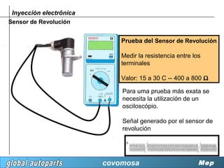 Inyecciòn electrônica
Sensor de Revolución


                             Prueba del Sensor de Revolución

                             Medir la resistencia entre los
                             terminales

                             Valor: 15 a 30 C -- 400 a 800 Ω

                             Para uma prueba más exata se
                             necesita la utilización de un
                             osciloscópio.

                             Señal generado por el sensor de
                             revolución




                         covomosa                         Mep
 