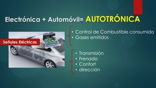Electrónica + Automóvil= AUTOTRÓNICA
                     • Control de Combustible consumido
                     • Gases emitidos
Señales Eléctricas

                      •   Transmisión
                      •   Frenado
                      •   Confort
                      •   dirección
 