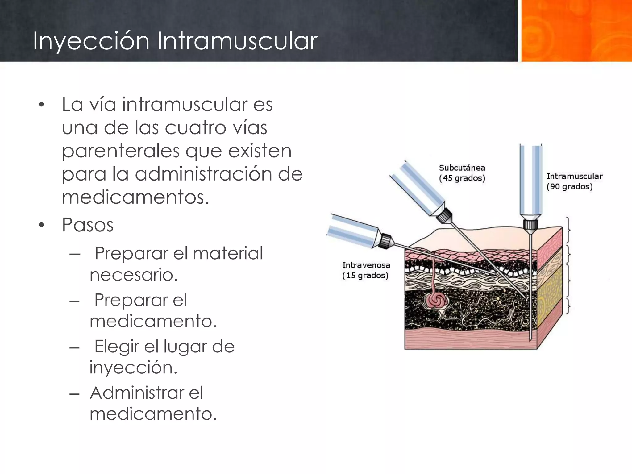 Inyección Intramuscular

• La vía intramuscular es
  una de las cuatro vías
  parenterales que existen
  para la administración de
  medicamentos.
• Pasos
   – Preparar el material
     necesario.
   – Preparar el
     medicamento.
   – Elegir el lugar de
     inyección.
   – Administrar el
     medicamento.
 