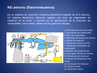 KE-Jetronic (Electromecánica)
Es un sistema de inyección mecánico-electrónico basado en el K-Jetronic.
Un sistema electrónico adicional, registra una serie de magnitudes de
medición en el motor, y permite así la optimización de la inyección de
combustible y de la mejor calidad de los gases de escape.
1. Electrobomba de combustible
2. Acumulador de combustible
3. Filtro de combustible
4. Regulador de presión del sistema
5. Válvula de inyección
6. Válvula de arranque en frío
7. Distribuidor-dosificador de
combustible
8. Medidor de caudal de aire
9. Interruptor térmico de tiempo
10. Válvula de aire adicional
11. Sensor de temperatura del
motor
12. Interruptor de mariposa
13. Sonda Lambda
14. Unidad de mando
 