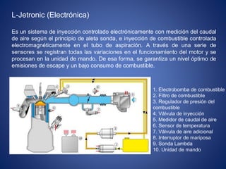 L-Jetronic (Electrónica)
Es un sistema de inyección controlado electrónicamente con medición del caudal
de aire según el principio de aleta sonda, e inyección de combustible controlada
electromagnéticamente en el tubo de aspiración. A través de una serie de
sensores se registran todas las variaciones en el funcionamiento del motor y se
procesan en la unidad de mando. De esa forma, se garantiza un nivel óptimo de
emisiones de escape y un bajo consumo de combustible.
1. Electrobomba de combustible
2. Filtro de combustible
3. Regulador de presión del
combustible
4. Válvula de inyección
5. Medidor de caudal de aire
6. Sensor de temperatura
7. Válvula de aire adicional
8. Interruptor de mariposa
9. Sonda Lambda
10. Unidad de mando
 