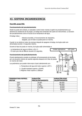 Inyección electrónica diesel Common Rail
43.-SISTEMA INCANDESCENCIA
Para HDI, grupo PSA:
Funcionamiento del precalentamiento
Desde la puesta del contacto, el calculador control motor manda al cajetín de precalentamiento que
alimente las resistencias de las bujías y al testigo del combinado del cuadro de instrumentos. La duración
del precalentamiento varía en función de la temperatura del agua.
El testigo indica :
- Estando encendido, el funcionamiento de¡ dispositivo.
- Apagado, que el motor se puede poner en marcha.
Cuando no se solicita al motor de arranque después de apagarse el testigo, las bujías están aún
alimentadas durante 1 0 segundos máximo.
Durante la fase de puesta en marcha, las bujías están alimentadas si
- La temperatura de¡ agua es inferior a 20,1 C. Unidad calentadores UCE motor
- El motor gira más de 70 rpm durante 0,2 segundos.
Funcionamiento del postcalentamiento
El post calentamiento consiste en prolongar el funcionamiento de las bujías
por una duración máxima de sesenta segundos después de la fase de puesta
en marcha del motor.
Los parámetros que pueden interrumpir el post calentamiento son :
1.-Temperatura del agua del motor superior a 20º C.
2.- Caudal inyectado superior a 35mM3.
3.-Régimen motor superior a 2000rpm
TEMPERATURA REFRIG.
MOTOR
DURACIÓN
PRECALENTAMIENTO
DURACIÓN POST
CALENTAMIENTO
-30ºC 20 SEG 180 SEG
-10ºC 5 SEG 180 SEG
0ºC 0.5 SEG 60 SEG
+10ºC 0.25 SEG 60 SEG
+18ºC 0 30 SEG
+40ºC 0 0
FormaTEC Auto
56
 
