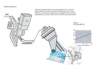 MANDO NEUMATICO
Consta de una electroválvula, que la unidad gestiona con un ciclo de
trabajo variable. En función de la señal de mando aplica mas o menos
depresión a la membrana, desplazando a la chapaleta hasta el recorrido
programado por la unidad, reconociendo su posicion por el potenciometro.
SALIDA
POTENCIOMETRO
 