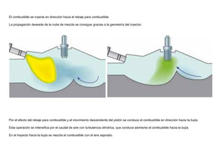 El combustible se inyecta en dirección hacia el rebaje para combustible.
La propagación deseada de la nube de mezcla se consigue gracias a la geometría del inyector.
Por el efecto del rebaje para combustible y el movimiento descendente del pistón se conduce el combustible en dirección hacia la bujía.
Esta operación se intensiﬁca por el caudal de aire con turbulencia cilíndrica, que conduce asimismo el combustible hacia la bujía.
En el trayecto hacia la bujía se mezcla el combustible con el aire aspirado.
 