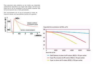 Para solucionar este problema se han tenido que desarrollar
catalizadores especíﬁcos que hagan este trabajo, de forma que
hasta que no se ha conseguido no se ha podido implantar esta
forma de inyección de un modo generalizado.
Otro inconveniente con el que se encuentra el motor de
inyección directa, es el que plantea el azufre en la gasolina.
 