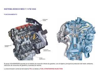 SISTEMA BOSCH MED 7.1-FSI VAG
FUNCIONAMIENTO
El grupo VOLKSWAGEN apuesta por el sistema de inyección directa de gasolina, con el objetivo principal de protección del medio ambiente,
reducción de consumos de gasolina y suavidad de marcha.
La denominación comercial del sistema FSI, es debida a FUEL STRATIONFIED INJECTION
 