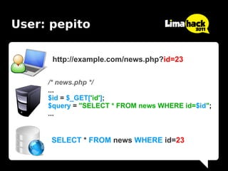 User: pepito

      http://example.com/news.php?id=23


     /* news.php */
     ...
     $id = $_GET['id'];
     $query = "SELECT * FROM news WHERE id=$id";
     ...


      SELECT * FROM news WHERE id=23
 