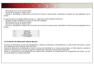 - EDI Detecta error en la sonda lambda;
- Control de la mezcla en “Open Loop” ;
- Recovery: deshabilita el sistema de corrección de mezcla en loop-cerrado, deshabilita el sistema de auto-adaptación de la
mezcla.
En caso de que ocurra alguna falla en el pino 11, masa de la sonda lambda, tendremos:
- Lámpara Testigo Indicadora de Avería de Inyección apagada;
- EDI Detecta error en la sonda lambda;
- Control de la mezcla en “Open Loop” ;
- Recovery: deshabilita el sistema de corrección de la mezcla en loop-cerrado, deshabilita el sistema de auto-adaptación de la
mezcla.
12.14 Sensor de Detonación (Knock Sensor)
El sensor de detonación es del tipo piezoeléctrico y detecta la detonación individualmente en cada cilindro del motor a través
de la elaboración de la señal de ruido del motor.
Cuando la detonación es detectada se retira el avance de encendido de un modo gradual hasta un límite máximo; cuando la
detonación está ausente el avance de ignición originalmente calculado es lentamente repostado.
Existe un mecanismo de auto-adaptación del sistema para compensar el envejecimiento de componentes del motor o el uso
de combustible con octanaje diferente.
Pin Descripción
1 Señal + sonda
2 Masa sonda
3 Comando calentador
4 + 12V calentador
 