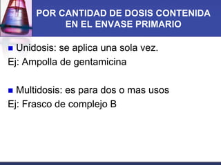 POR CANTIDAD DE DOSIS CONTENIDA
EN EL ENVASE PRIMARIO

Unidosis: se aplica una sola vez.
Ej: Ampolla de gentamicina


Multidosis: es para dos o mas usos
Ej: Frasco de complejo B


 