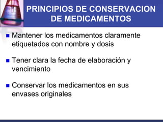 PRINCIPIOS DE CONSERVACION
DE MEDICAMENTOS


Mantener los medicamentos claramente
etiquetados con nombre y dosis



Tener clara la fecha de elaboración y
vencimiento



Conservar los medicamentos en sus
envases originales

 