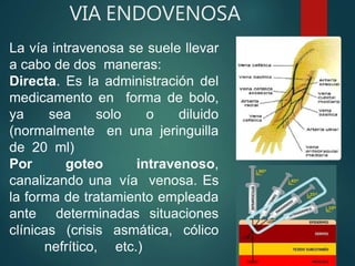 La vía intravenosa se suele llevar
a cabo de dos maneras:
Directa. Es la administración del
medicamento en forma de bolo,
ya sea solo o diluido
(normalmente en una jeringuilla
de 20 ml)
Por goteo intravenoso,
canalizando una vía venosa. Es
la forma de tratamiento empleada
ante determinadas situaciones
clínicas (crisis asmática, cólico
nefrítico, etc.)
VIA ENDOVENOSA
 
