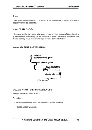 MANUAL DE INYECTOTERAPIA UDO ESTELI
PRACTICAS COMUNITARIAS LICDA ARLEN CERDA 70
Dosis
No existe dosis máxima. El volumen a ser administrado dependerá de los
requerimientos del paciente.
ZONAS DE APLICACIÓN
Los vasos más favorables a la veno punción son las venas cefálicas, basílica
y mediana del antebrazo y las del dorso de la mano, las menos favorables son
las de pierna y pie, a causa del riesgo elevado de tromboflebitis.
PARTES DEL EQUIPO DE VENOCUSIS
AGUJAS Y CATÉTERES PARA VENOCLISIS
• Aguja de MARIPOSA • SCALP
Ventajas:
• Menor frecuencia de infección y flebitis que con catéteres.
• Fácil de colocar y seguro.
 