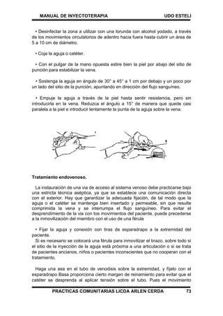 MANUAL DE INYECTOTERAPIA UDO ESTELI
PRACTICAS COMUNITARIAS LICDA ARLEN CERDA 73
• Desinfectar la zona a utilizar con una torunda con alcohol yodado, a través
de los movimientos circulatorios de adentro hacia fuera hasta cubrir un área de
5 a 10 cm de diámetro.
• Coja la aguja o catéter.
• Con el pulgar de la mano opuesta estire bien la piel por abajo del sitio de
punción para estabilizar la vena.
• Sostenga la aguja en ángulo de 30° a 45° a 1 cm por debajo y un poco por
un lado del sitio de la punción, apuntando en dirección del flujo sanguíneo.
• Empuje la aguja a través de la piel hasta sentir resistencia, pero sin
introducirla en la vena. Reduzca el ángulo a 15° de manera que quede casi
paralela a la piel e introducir lentamente la punta de la aguja sobre la vena.
Tratamiento endovenoso.
La instauración de una via de acceso al sistema venoso debe practicarse bajo
una estricta técnica aséptica, ya que se establece una comunicación directa
con el exterior. Hay que garantizar la adecuada fijación, de tal modo que la
aguja o el catéter se mantenga bien insertado y permeable, sin que resulte
comprimida la vena y se interrumpa el flujo sanguíneo. Para evitar el
desprendimiento de la via con tos movimientos del paciente, puede precederse
a la inmovilización del miembro con el uso de una férula
• Fijar la aguja y conexión con tiras de esparadrapo a la extremidad del
paciente.
Si es necesario se colocará una férula para inmovilizar el brazo, sobre todo si
el sitio de la inyección de la aguja está próxima a una articulación o si se trata
de pacientes ancianos, niños o pacientes inconscientes que no cooperan con el
tratamiento.
Haga una asa en el tubo de venodisis sobre la extremidad, y fíjelo con el
esparadrapo Basa proporciona cierto margen de reinamiento para evitar que el
catéter se desprenda al aplicar tensión sobre el tubo. Pues el movimiento
 