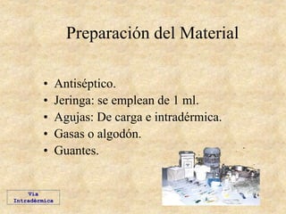 Preparación del Material
• Antiséptico.
• Jeringa: se emplean de 1 ml.
• Agujas: De carga e intradérmica.
• Gasas o algodón.
• Guantes.
Vía
Intradérmica
 