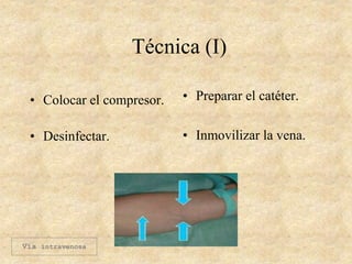Técnica (I)
• Colocar el compresor.
• Desinfectar.
• Preparar el catéter.
• Inmovilizar la vena.
Vía intravenosa
 