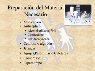 Preparación del Material
Necesario
• Medicación
• Antiséptico
 Alcohol etílico al 70%
 Clorhexidina
 Povidona yodada
• Celulosa o algodón
• Jeringas
• Agujas,Palomillas o Catéteres
• Compresor
• Esparadrapo
 