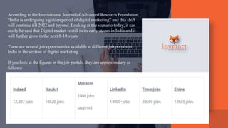 According to the International Journal of Advanced Research Foundation,
“India is undergoing a golden period of digital marketing” and this shift
will continue till 2022 and beyond. Looking at the scenario today, it can
easily be said that Digital market is still in its early stages in India and it
will further grow in the next 8-10 years.
There are several job opportunities available at different job portals in
India in the section of digital marketing.
If you look at the figures in the job portals, they are approximately as
follows:
 