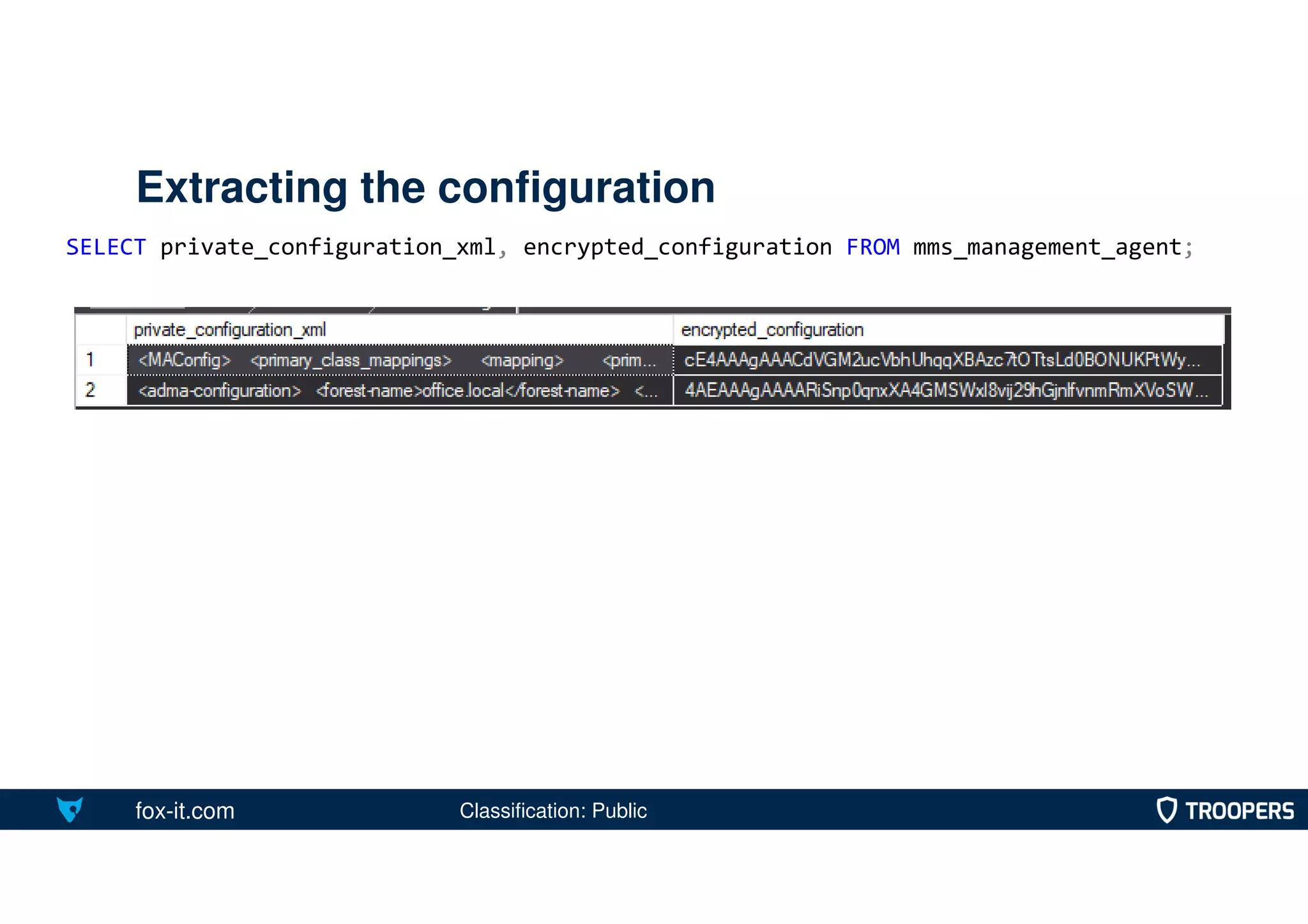fox-it.com
Extracting the configuration
SELECT private_configuration_xml, encrypted_configuration FROM mms_management_agent;
Classification: Public
 