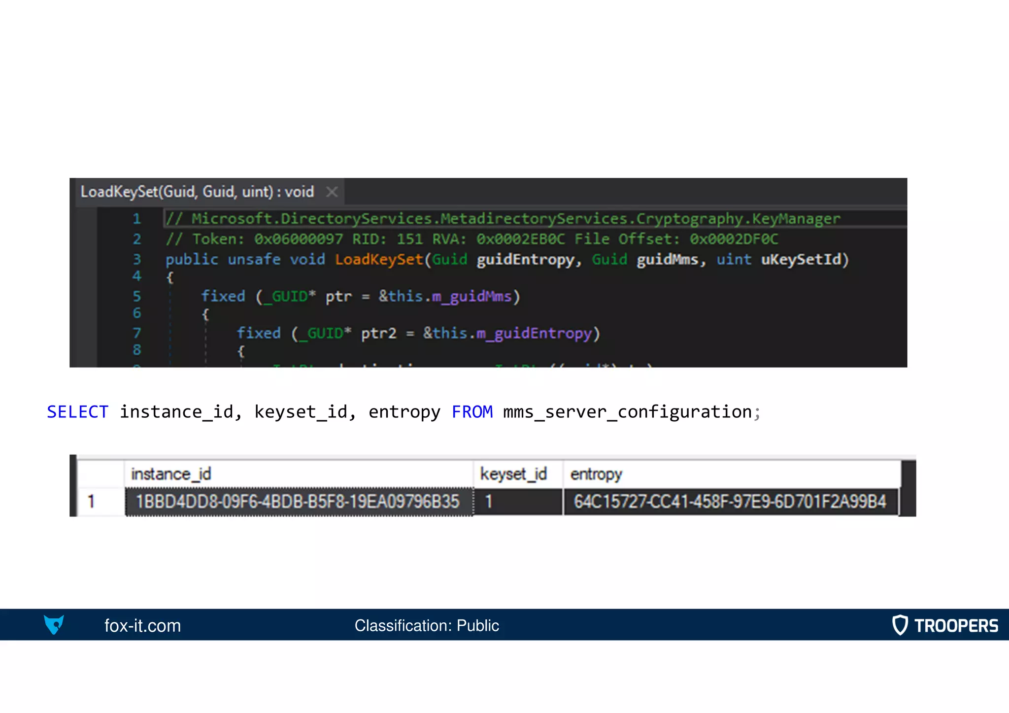 fox-it.com
SELECT instance_id, keyset_id, entropy FROM mms_server_configuration;
Classification: Public
 