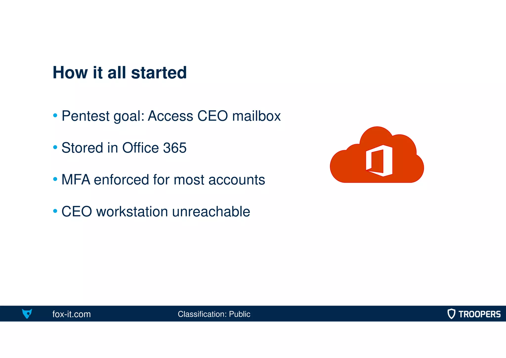 fox-it.com
• Pentest goal: Access CEO mailbox
• Stored in Office 365
• MFA enforced for most accounts
• CEO workstation unreachable
How it all started
Classification: Public
 