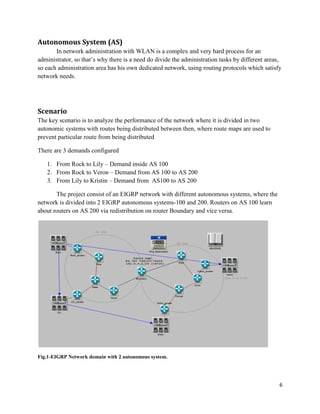 6
Autonomous System (AS)
In network administration with WLAN is a complex and very hard process for an
administrator, so that’s why there is a need do divide the administration tasks by different areas,
so each administration area has his own dedicated network, using routing protocols which satisfy
network needs.
Scenario
The key scenario is to analyze the performance of the network where it is divided in two
autonomic systems with routes being distributed between then, where route maps are used to
prevent particular route from being distributed
There are 3 demands configured
1. From Rock to Lily – Demand inside AS 100
2. From Rock to Veron – Demand from AS 100 to AS 200
3. From Lily to Kristin – Demand from AS100 to AS 200
The project consist of an EIGRP network with different autonomous systems, where the
network is divided into 2 EIGRP autonomous systems-100 and 200. Routers on AS 100 learn
about routers on AS 200 via redistribution on router Boundary and vice versa.
Fig.1-EIGRP Network domain with 2 autonomous system.
 