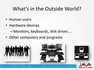 What’s in the Outside World?
• Human users
• Hardware devices
  – Monitors, keyboards, disk drives …
• Other computers and programs
 