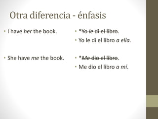 Otra diferencia - énfasis
• I have her the book.
• She have me the book.
• *Yo le di el libro.
• Yo le di el libro a ella.
• *Me dio el libro.
• Me dio el libro a mí.
 
