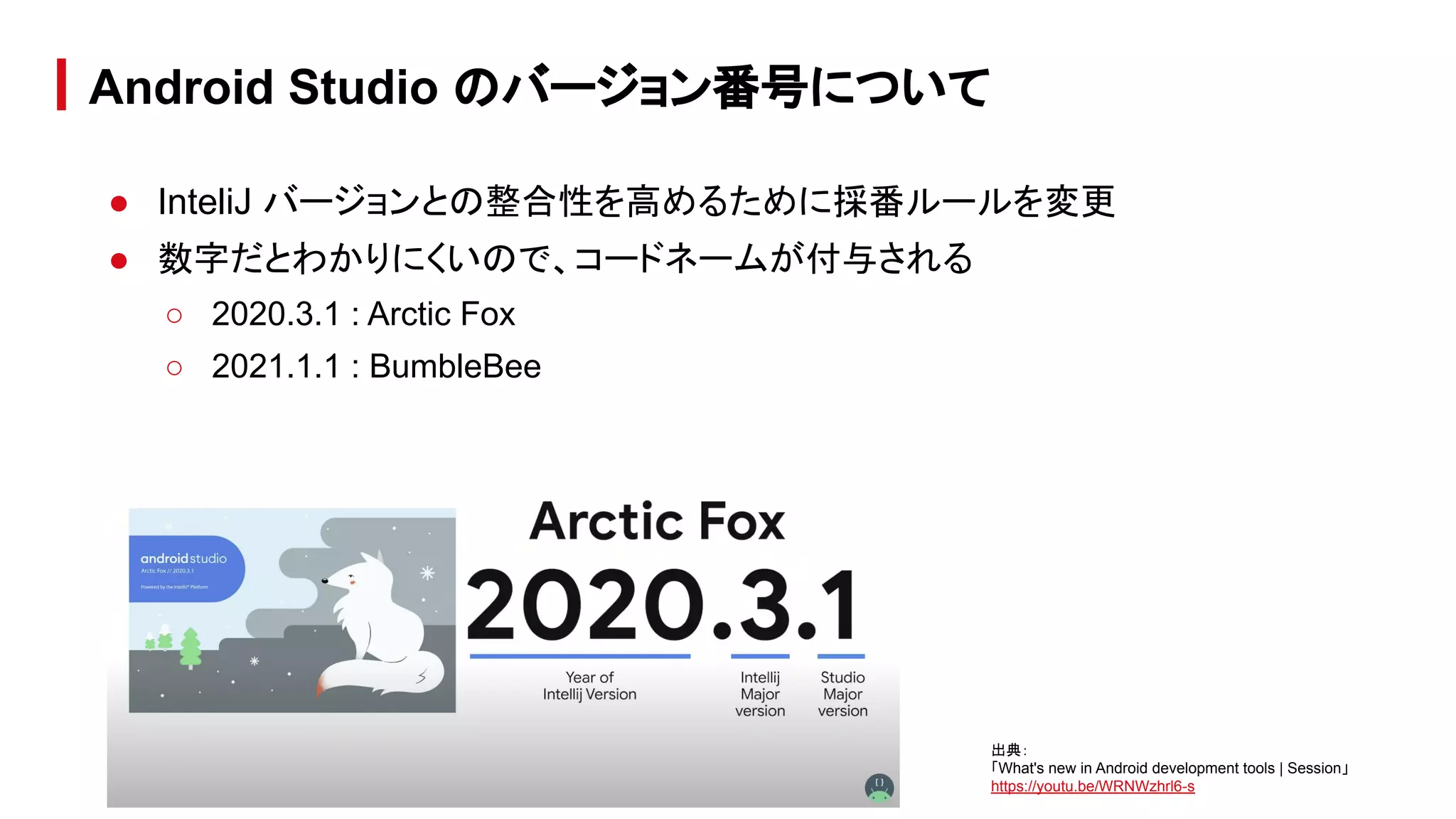 ● InteliJ バージョンとの整合性を高めるために採番ルールを変更
● 数字だとわかりにくいので、コードネームが付与される
○ 2020.3.1 : Arctic Fox
○ 2021.1.1 : BumbleBee
Android Studio のバージョン番号について
出典：
「What's new in Android development tools | Session」
https://youtu.be/WRNWzhrl6-s
 