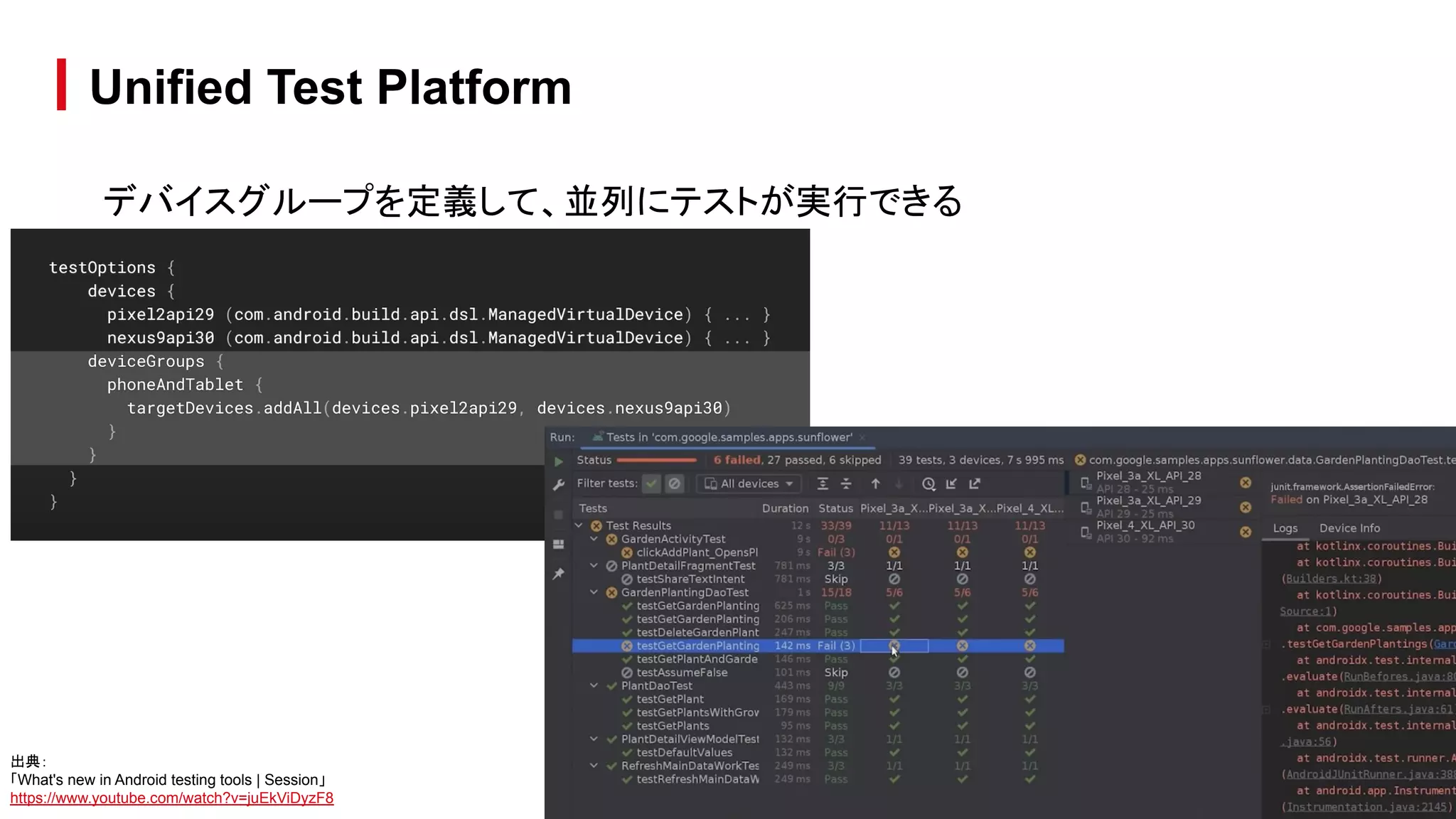デバイスグループを定義して、並列にテストが実行できる
Unified Test Platform
出典：
「What's new in Android testing tools | Session」
https://www.youtube.com/watch?v=juEkViDyzF8
 