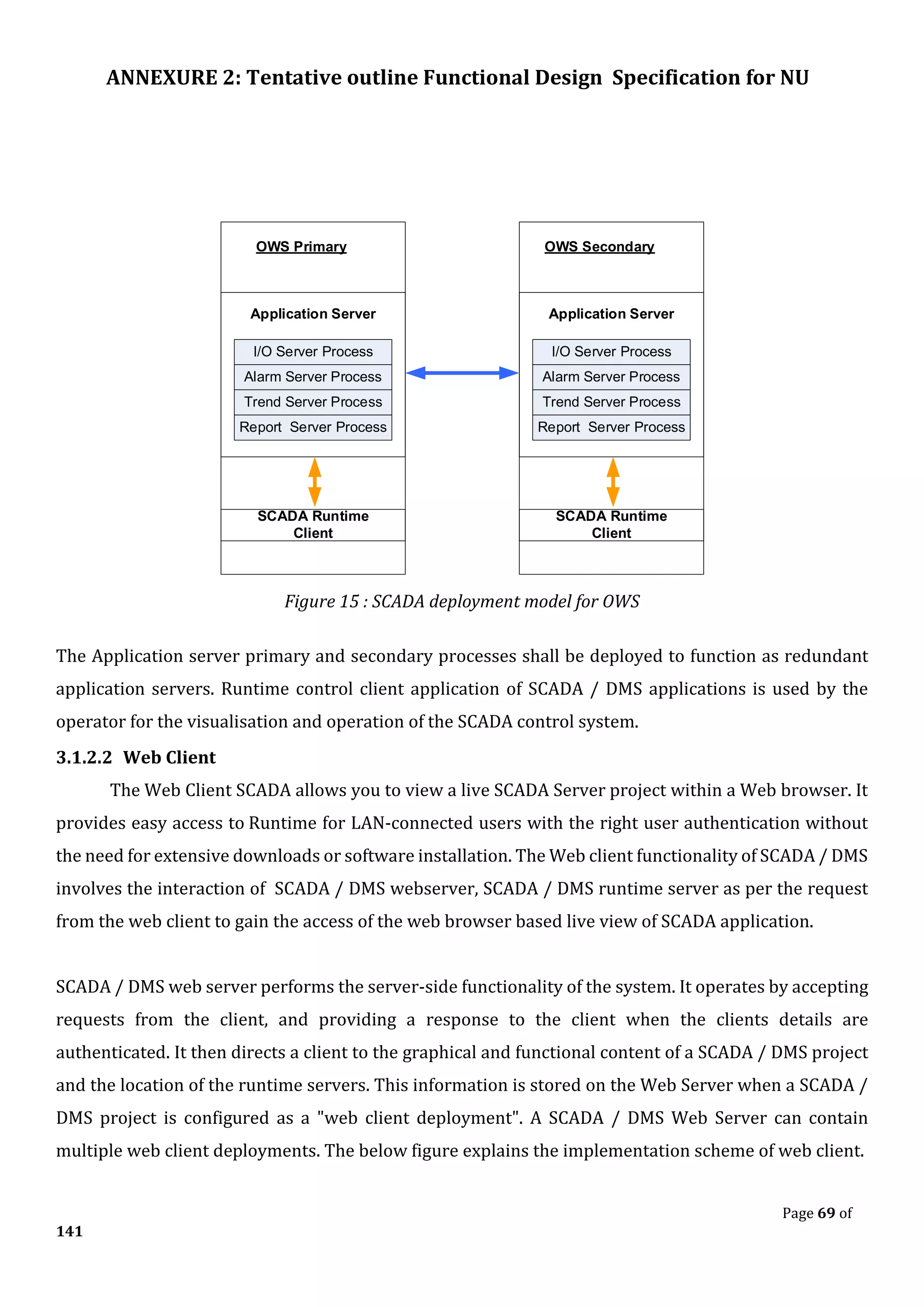 ANNEXURE 2: Tentative outline Functional Design Specification for NU
Page 69 of
141
I/O Server Process
Alarm Server Process
Trend Server Process
Report Server Process
Application Server
SCADA Runtime
Client
OWS Primary
I/O Server Process
Alarm Server Process
Trend Server Process
Report Server Process
Application Server
SCADA Runtime
Client
OWS Secondary
Figure 15 : SCADA deployment model for OWS
The Application server primary and secondary processes shall be deployed to function as redundant
application servers. Runtime control client application of SCADA / DMS applications is used by the
operator for the visualisation and operation of the SCADA control system.
3.1.2.2 Web Client
The Web Client SCADA allows you to view a live SCADA Server project within a Web browser. It
provides easy access to Runtime for LAN-connected users with the right user authentication without
the need for extensive downloads or software installation. The Web client functionality of SCADA / DMS
involves the interaction of SCADA / DMS webserver, SCADA / DMS runtime server as per the request
from the web client to gain the access of the web browser based live view of SCADA application.
SCADA / DMS web server performs the server-side functionality of the system. It operates by accepting
requests from the client, and providing a response to the client when the clients details are
authenticated. It then directs a client to the graphical and functional content of a SCADA / DMS project
and the location of the runtime servers. This information is stored on the Web Server when a SCADA /
DMS project is configured as a "web client deployment". A SCADA / DMS Web Server can contain
multiple web client deployments. The below figure explains the implementation scheme of web client.
 