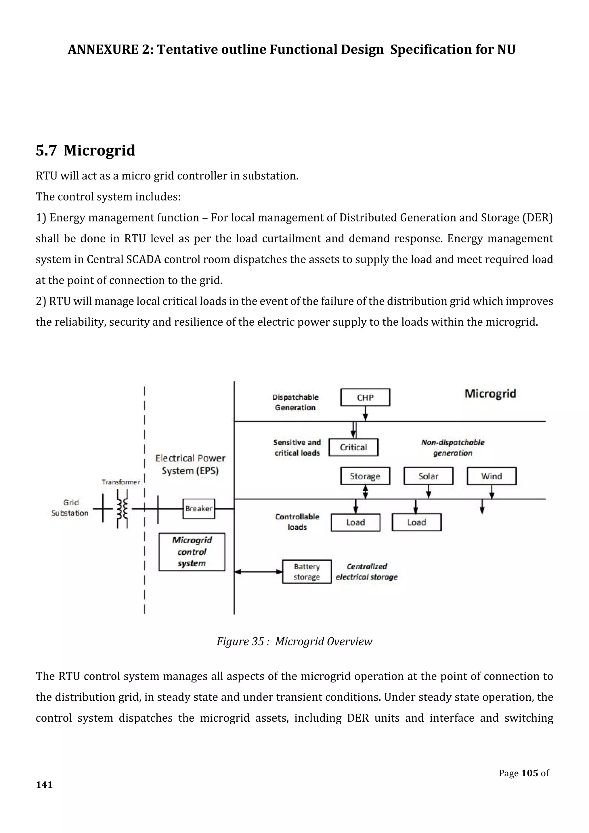 ANNEXURE 2: Tentative outline Functional Design Specification for NU
Page 105 of
141
5.7 Microgrid
RTU will act as a micro grid controller in substation.
The control system includes:
1) Energy management function – For local management of Distributed Generation and Storage (DER)
shall be done in RTU level as per the load curtailment and demand response. Energy management
system in Central SCADA control room dispatches the assets to supply the load and meet required load
at the point of connection to the grid.
2) RTU will manage local critical loads in the event of the failure of the distribution grid which improves
the reliability, security and resilience of the electric power supply to the loads within the microgrid.
Figure 35 : Microgrid Overview
The RTU control system manages all aspects of the microgrid operation at the point of connection to
the distribution grid, in steady state and under transient conditions. Under steady state operation, the
control system dispatches the microgrid assets, including DER units and interface and switching
 