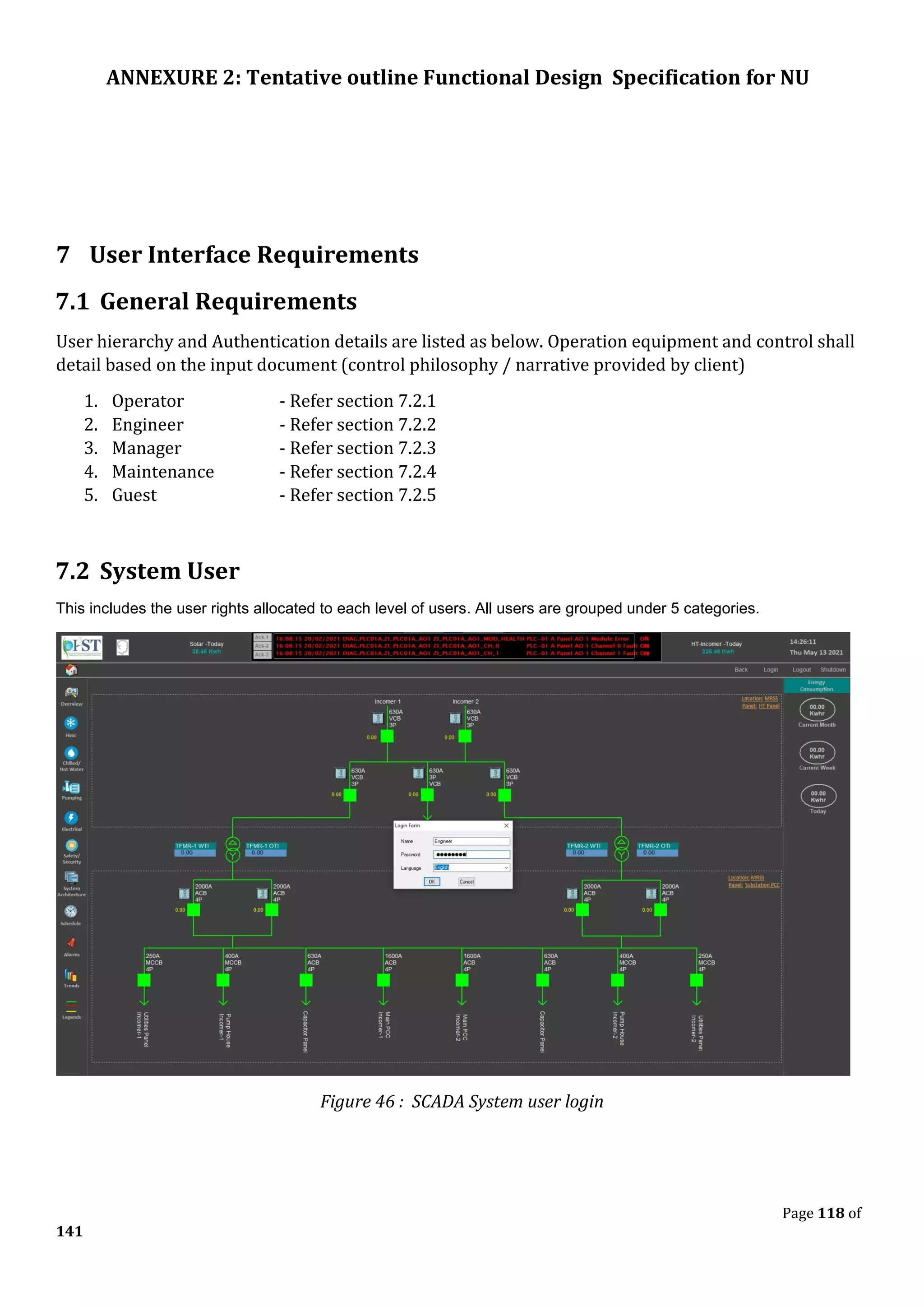 ANNEXURE 2: Tentative outline Functional Design Specification for NU
Page 118 of
141
7 User Interface Requirements
7.1 General Requirements
User hierarchy and Authentication details are listed as below. Operation equipment and control shall
detail based on the input document (control philosophy / narrative provided by client)
1. Operator - Refer section 7.2.1
2. Engineer - Refer section 7.2.2
3. Manager - Refer section 7.2.3
4. Maintenance - Refer section 7.2.4
5. Guest - Refer section 7.2.5
7.2 System User
This includes the user rights allocated to each level of users. All users are grouped under 5 categories.
Figure 46 : SCADA System user login
 