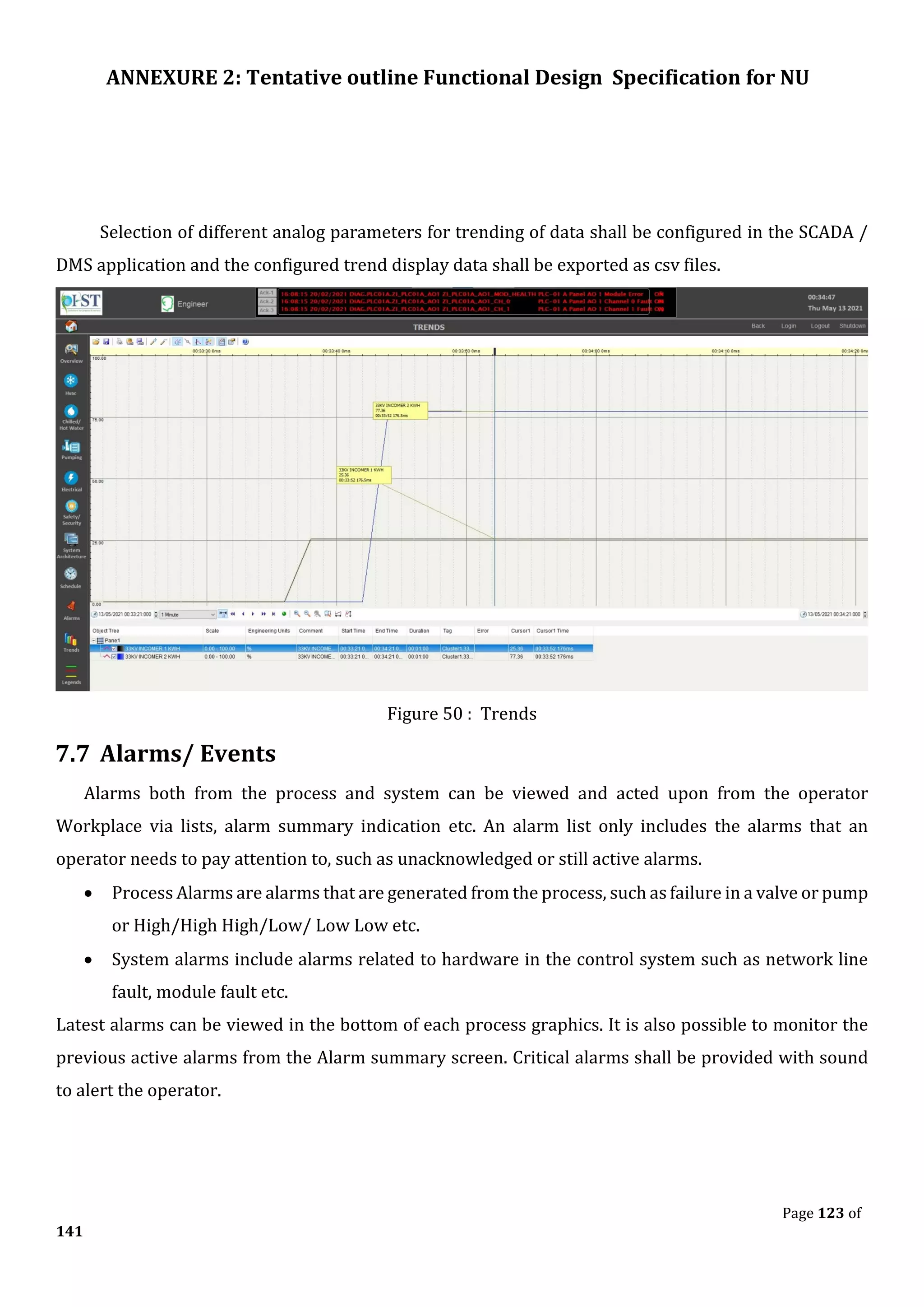 ANNEXURE 2: Tentative outline Functional Design Specification for NU
Page 123 of
141
Selection of different analog parameters for trending of data shall be configured in the SCADA /
DMS application and the configured trend display data shall be exported as csv files.
Figure 50 : Trends
7.7 Alarms/ Events
Alarms both from the process and system can be viewed and acted upon from the operator
Workplace via lists, alarm summary indication etc. An alarm list only includes the alarms that an
operator needs to pay attention to, such as unacknowledged or still active alarms.
• Process Alarms are alarms that are generated from the process, such as failure in a valve or pump
or High/High High/Low/ Low Low etc.
• System alarms include alarms related to hardware in the control system such as network line
fault, module fault etc.
Latest alarms can be viewed in the bottom of each process graphics. It is also possible to monitor the
previous active alarms from the Alarm summary screen. Critical alarms shall be provided with sound
to alert the operator.
 