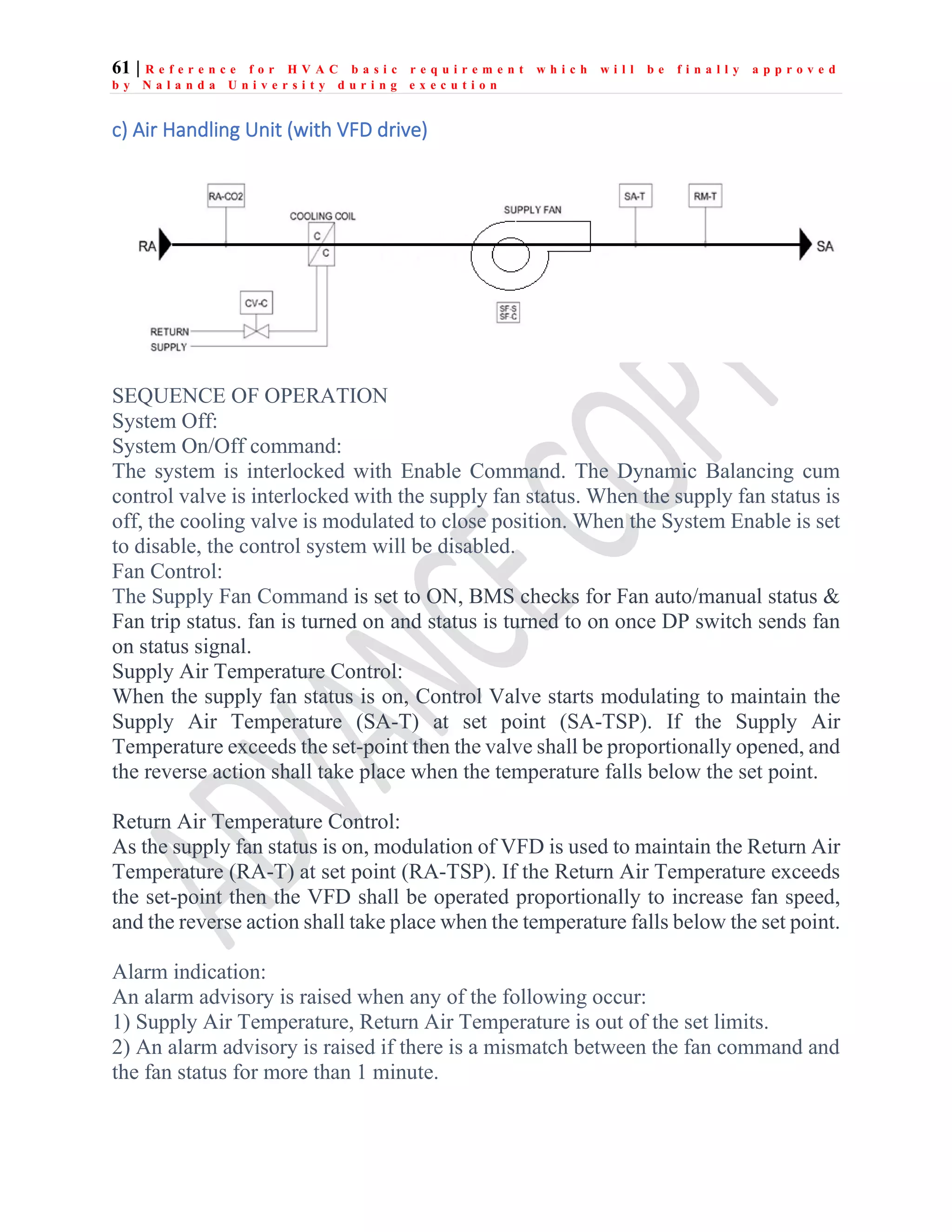 61 | R e f e r e n c e f o r H V A C b a s i c r e q u i r e m e n t w h i c h w i l l b e f i n a l l y a p p r o v e d
b y N a l a n d a U n i v e r s i t y d u r i n g e x e c u t i o n
c) Air Handling Unit (with VFD drive)
SEQUENCE OF OPERATION
System Off:
System On/Off command:
The system is interlocked with Enable Command. The Dynamic Balancing cum
control valve is interlocked with the supply fan status. When the supply fan status is
off, the cooling valve is modulated to close position. When the System Enable is set
to disable, the control system will be disabled.
Fan Control:
The Supply Fan Command is set to ON, BMS checks for Fan auto/manual status &
Fan trip status. fan is turned on and status is turned to on once DP switch sends fan
on status signal.
Supply Air Temperature Control:
When the supply fan status is on, Control Valve starts modulating to maintain the
Supply Air Temperature (SA-T) at set point (SA-TSP). If the Supply Air
Temperature exceeds the set-point then the valve shall be proportionally opened, and
the reverse action shall take place when the temperature falls below the set point.
Return Air Temperature Control:
As the supply fan status is on, modulation of VFD is used to maintain the Return Air
Temperature (RA-T) at set point (RA-TSP). If the Return Air Temperature exceeds
the set-point then the VFD shall be operated proportionally to increase fan speed,
and the reverse action shall take place when the temperature falls below the set point.
Alarm indication:
An alarm advisory is raised when any of the following occur:
1) Supply Air Temperature, Return Air Temperature is out of the set limits.
2) An alarm advisory is raised if there is a mismatch between the fan command and
the fan status for more than 1 minute.
 