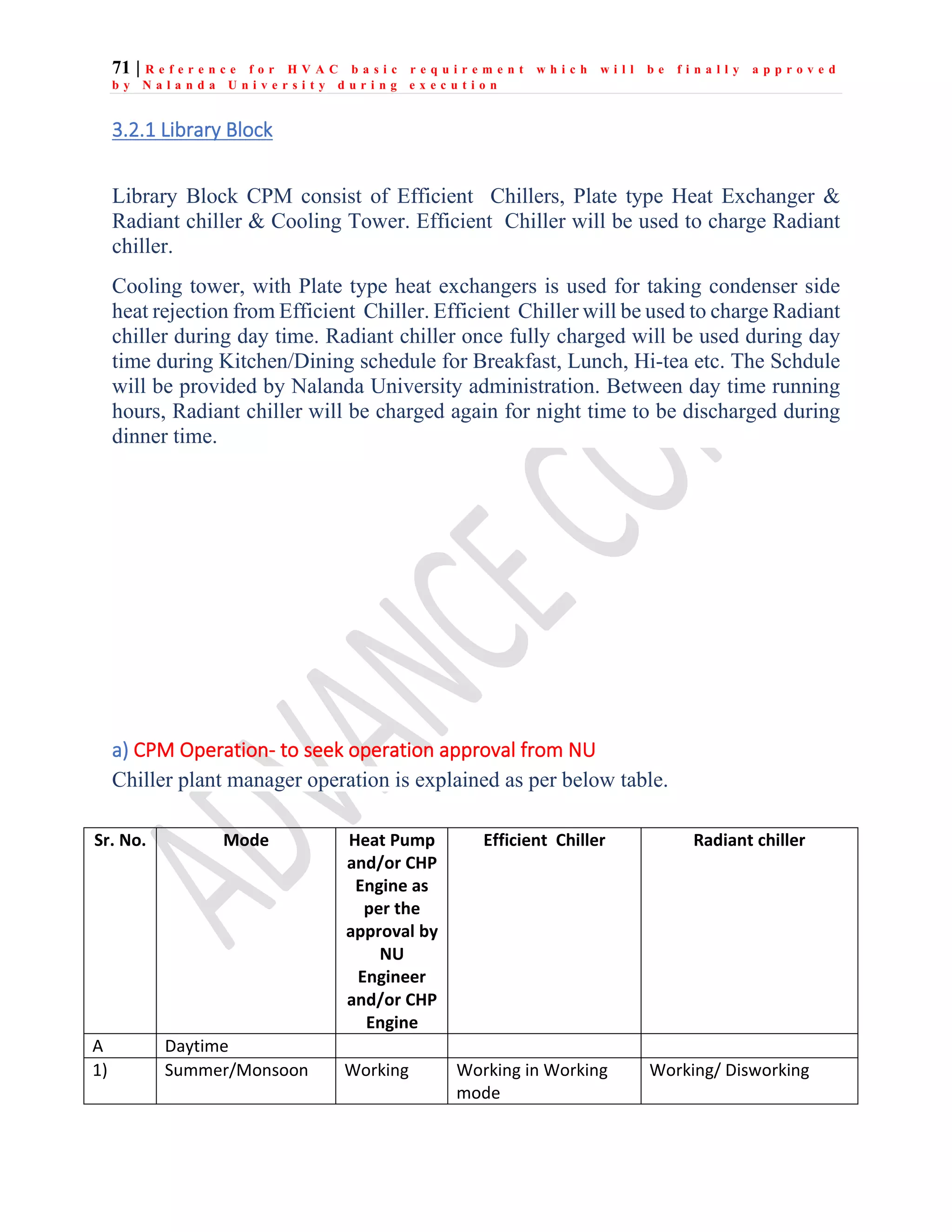 71 | R e f e r e n c e f o r H V A C b a s i c r e q u i r e m e n t w h i c h w i l l b e f i n a l l y a p p r o v e d
b y N a l a n d a U n i v e r s i t y d u r i n g e x e c u t i o n
3.2.1 Library Block
Library Block CPM consist of Efficient Chillers, Plate type Heat Exchanger &
Radiant chiller & Cooling Tower. Efficient Chiller will be used to charge Radiant
chiller.
Cooling tower, with Plate type heat exchangers is used for taking condenser side
heat rejection from Efficient Chiller. Efficient Chiller will be used to charge Radiant
chiller during day time. Radiant chiller once fully charged will be used during day
time during Kitchen/Dining schedule for Breakfast, Lunch, Hi-tea etc. The Schdule
will be provided by Nalanda University administration. Between day time running
hours, Radiant chiller will be charged again for night time to be discharged during
dinner time.
a) CPM Operation- to seek operation approval from NU
Chiller plant manager operation is explained as per below table.
Sr. No. Mode Heat Pump
and/or CHP
Engine as
per the
approval by
NU
Engineer
and/or CHP
Engine
Efficient Chiller Radiant chiller
A Daytime
1) Summer/Monsoon Working Working in Working
mode
Working/ Disworking
 