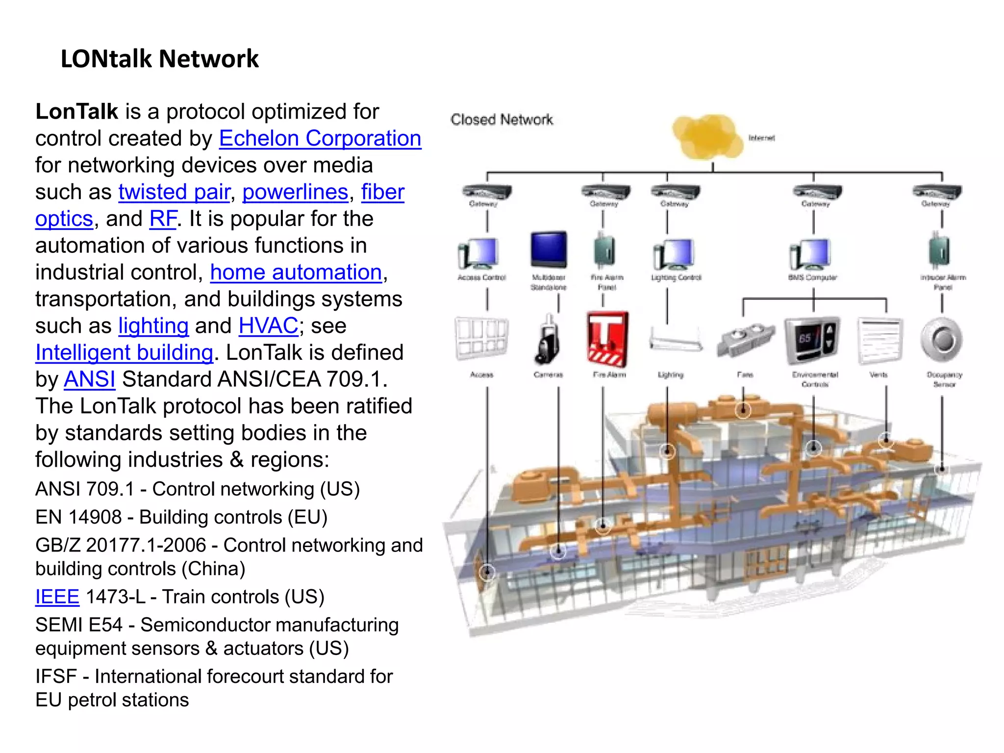 LONtalk Network
LonTalk is a protocol optimized for
control created by Echelon Corporation
for networking devices over media
such as twisted pair, powerlines, fiber
optics, and RF. It is popular for the
automation of various functions in
industrial control, home automation,
transportation, and buildings systems
such as lighting and HVAC; see
Intelligent building. LonTalk is defined
by ANSI Standard ANSI/CEA 709.1.
The LonTalk protocol has been ratified
by standards setting bodies in the
following industries & regions:
ANSI 709.1 - Control networking (US)
EN 14908 - Building controls (EU)
GB/Z 20177.1-2006 - Control networking and
building controls (China)
IEEE 1473-L - Train controls (US)
SEMI E54 - Semiconductor manufacturing
equipment sensors & actuators (US)
IFSF - International forecourt standard for
EU petrol stations
 