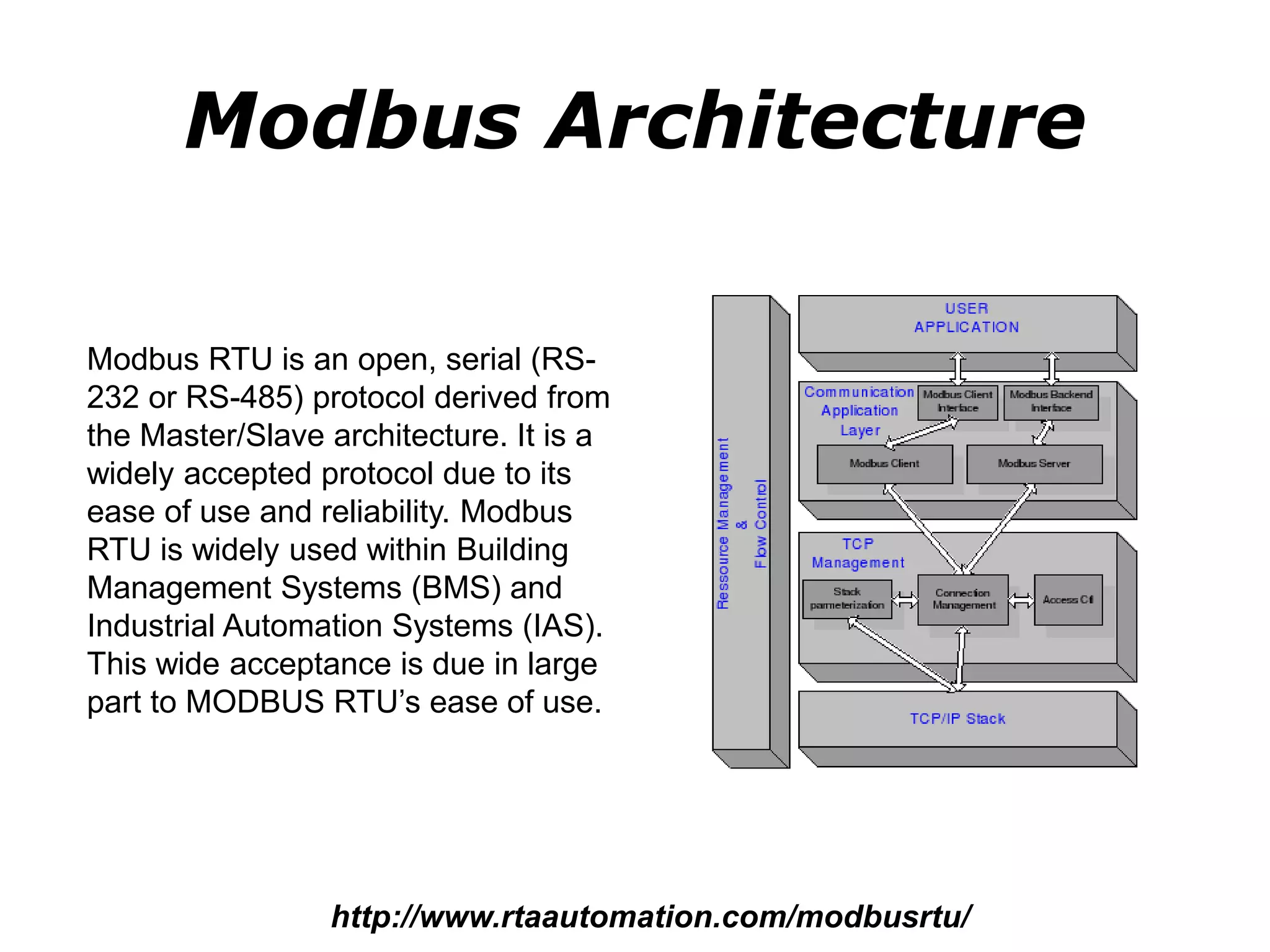 Modbus Architecture
Modbus RTU is an open, serial (RS-
232 or RS-485) protocol derived from
the Master/Slave architecture. It is a
widely accepted protocol due to its
ease of use and reliability. Modbus
RTU is widely used within Building
Management Systems (BMS) and
Industrial Automation Systems (IAS).
This wide acceptance is due in large
part to MODBUS RTU’s ease of use.
http://www.rtaautomation.com/modbusrtu/
 