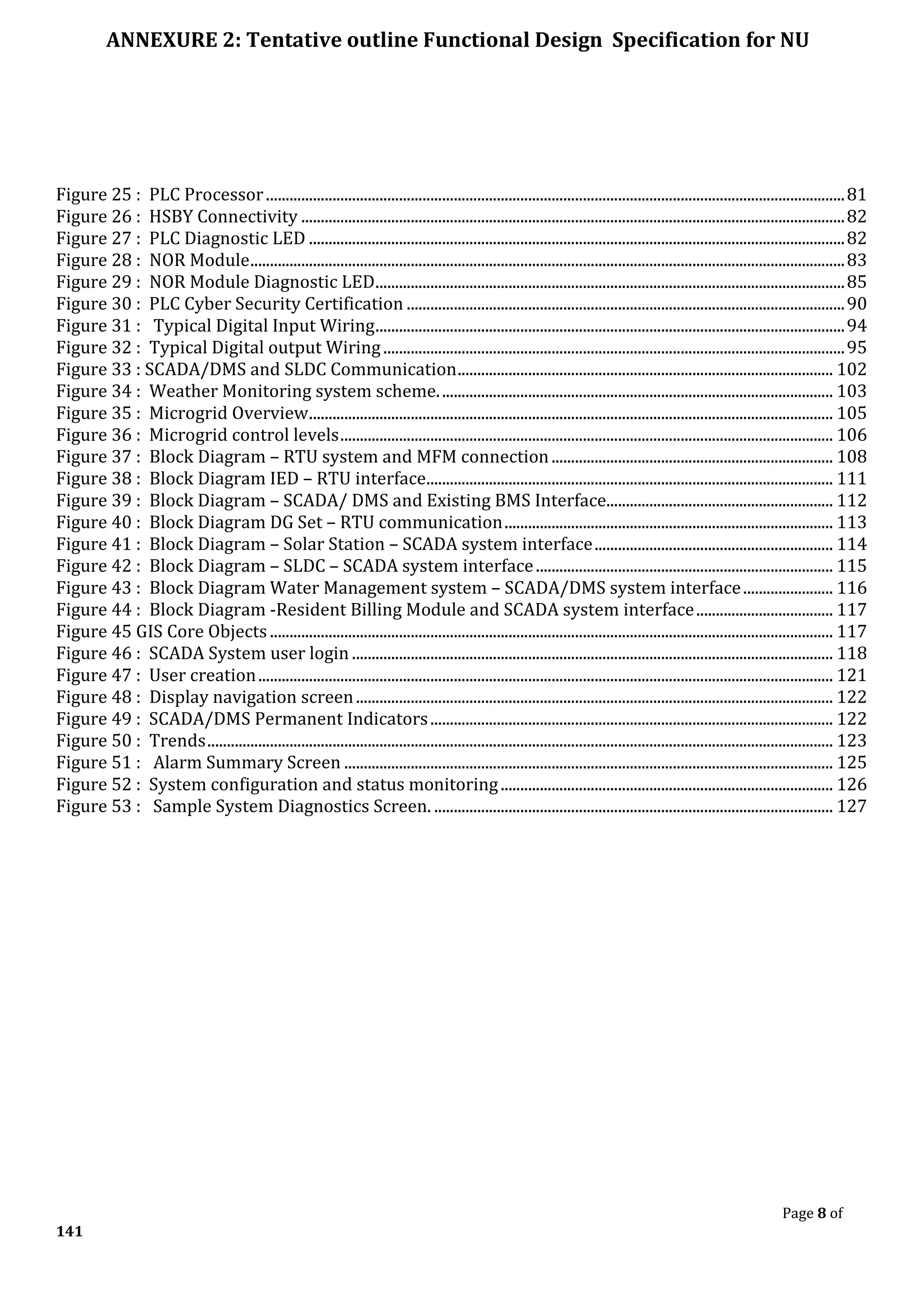 ANNEXURE 2: Tentative outline Functional Design Specification for NU
Page 8 of
141
Figure 25 : PLC Processor....................................................................................................................................................81
Figure 26 : HSBY Connectivity ...........................................................................................................................................82
Figure 27 : PLC Diagnostic LED .........................................................................................................................................82
Figure 28 : NOR Module........................................................................................................................................................83
Figure 29 : NOR Module Diagnostic LED........................................................................................................................85
Figure 30 : PLC Cyber Security Certification ................................................................................................................90
Figure 31 : Typical Digital Input Wiring........................................................................................................................94
Figure 32 : Typical Digital output Wiring......................................................................................................................95
Figure 33 : SCADA/DMS and SLDC Communication................................................................................................ 102
Figure 34 : Weather Monitoring system scheme..................................................................................................... 103
Figure 35 : Microgrid Overview...................................................................................................................................... 105
Figure 36 : Microgrid control levels.............................................................................................................................. 106
Figure 37 : Block Diagram – RTU system and MFM connection........................................................................ 108
Figure 38 : Block Diagram IED – RTU interface........................................................................................................ 111
Figure 39 : Block Diagram – SCADA/ DMS and Existing BMS Interface.......................................................... 112
Figure 40 : Block Diagram DG Set – RTU communication.................................................................................... 113
Figure 41 : Block Diagram – Solar Station – SCADA system interface............................................................. 114
Figure 42 : Block Diagram – SLDC – SCADA system interface............................................................................ 115
Figure 43 : Block Diagram Water Management system – SCADA/DMS system interface....................... 116
Figure 44 : Block Diagram -Resident Billing Module and SCADA system interface................................... 117
Figure 45 GIS Core Objects................................................................................................................................................ 117
Figure 46 : SCADA System user login ........................................................................................................................... 118
Figure 47 : User creation................................................................................................................................................... 121
Figure 48 : Display navigation screen.......................................................................................................................... 122
Figure 49 : SCADA/DMS Permanent Indicators....................................................................................................... 122
Figure 50 : Trends................................................................................................................................................................ 123
Figure 51 : Alarm Summary Screen ............................................................................................................................. 125
Figure 52 : System configuration and status monitoring..................................................................................... 126
Figure 53 : Sample System Diagnostics Screen. ...................................................................................................... 127
 