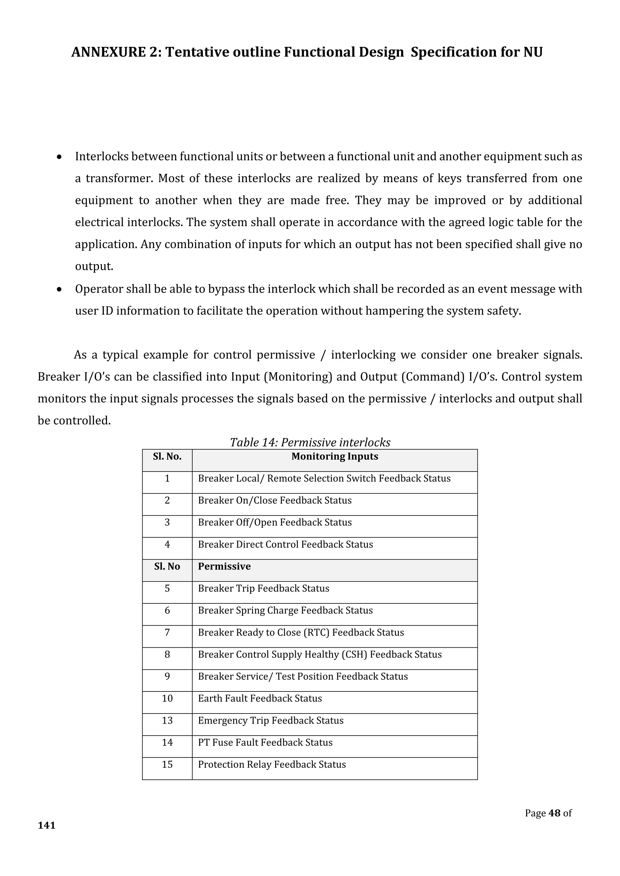 ANNEXURE 2: Tentative outline Functional Design Specification for NU
Page 48 of
141
• Interlocks between functional units or between a functional unit and another equipment such as
a transformer. Most of these interlocks are realized by means of keys transferred from one
equipment to another when they are made free. They may be improved or by additional
electrical interlocks. The system shall operate in accordance with the agreed logic table for the
application. Any combination of inputs for which an output has not been specified shall give no
output.
• Operator shall be able to bypass the interlock which shall be recorded as an event message with
user ID information to facilitate the operation without hampering the system safety.
As a typical example for control permissive / interlocking we consider one breaker signals.
Breaker I/O’s can be classified into Input (Monitoring) and Output (Command) I/O’s. Control system
monitors the input signals processes the signals based on the permissive / interlocks and output shall
be controlled.
Table 14: Permissive interlocks
Sl. No. Monitoring Inputs
1 Breaker Local/ Remote Selection Switch Feedback Status
2 Breaker On/Close Feedback Status
3 Breaker Off/Open Feedback Status
4 Breaker Direct Control Feedback Status
Sl. No Permissive
5 Breaker Trip Feedback Status
6 Breaker Spring Charge Feedback Status
7 Breaker Ready to Close (RTC) Feedback Status
8 Breaker Control Supply Healthy (CSH) Feedback Status
9 Breaker Service/ Test Position Feedback Status
10 Earth Fault Feedback Status
13 Emergency Trip Feedback Status
14 PT Fuse Fault Feedback Status
15 Protection Relay Feedback Status
 
