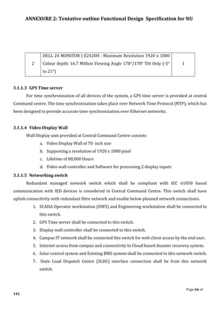 ANNEXURE 2: Tentative outline Functional Design Specification for NU
Page 66 of
141
2
DELL 24 MONITOR | E2420H : Maximum Resolution 1920 x 1080
Colour depth: 16.7 Million Viewing Angle 178°/178° Tilt Only (-5°
to 21°)
1
3.1.1.3 GPS Time server
For time synchronization of all devices of the system, a GPS time server is provided at central
Command centre. The time synchronization takes place over Network Time Protocol (NTP), which has
been designed to provide accurate time synchronization over Ethernet networks.
3.1.1.4 Video Display Wall
Wall Display unit provided at Central Command Centre consists
a. Video Display Wall of 70 inch size
b. Supporting a resolution of 1920 x 1080 pixel
c. Lifetime of 80,000 Hours
d. Video wall controller and Software for processing 2 display inputs
3.1.1.5 Networking switch
Redundant managed network switch which shall be compliant with IEC 61850 based
communication with IED devices is considered in Central Command Centre. This switch shall have
uplink connectivity with redundant fibre network and enable below planned network connections.
1. SCADA Operator workstation (OWS) and Engineering workstation shall be connected to
this switch.
2. GPS Time server shall be connected to this switch.
3. Display wall controller shall be connected to this switch.
4. Campus IT network shall be connected this switch for web client access by the end user.
5. Internet access from campus and connectivity to Cloud based disaster recovery system.
6. Solar control system and Existing BMS system shall be connected to this network switch.
7. State Load Dispatch Centre (SLDC) interface connection shall be from this network
switch.
 