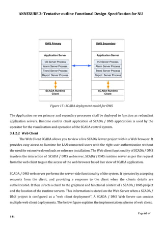 ANNEXURE 2: Tentative outline Functional Design Specification for NU
Page 69 of
141
I/O Server Process
Alarm Server Process
Trend Server Process
Report Server Process
Application Server
SCADA Runtime
Client
OWS Primary
I/O Server Process
Alarm Server Process
Trend Server Process
Report Server Process
Application Server
SCADA Runtime
Client
OWS Secondary
Figure 15 : SCADA deployment model for OWS
The Application server primary and secondary processes shall be deployed to function as redundant
application servers. Runtime control client application of SCADA / DMS applications is used by the
operator for the visualisation and operation of the SCADA control system.
3.1.2.2 Web Client
The Web Client SCADA allows you to view a live SCADA Server project within a Web browser. It
provides easy access to Runtime for LAN-connected users with the right user authentication without
the need for extensive downloads or software installation. The Web client functionality of SCADA / DMS
involves the interaction of SCADA / DMS webserver, SCADA / DMS runtime server as per the request
from the web client to gain the access of the web browser based live view of SCADA application.
SCADA / DMS web server performs the server-side functionality of the system. It operates by accepting
requests from the client, and providing a response to the client when the clients details are
authenticated. It then directs a client to the graphical and functional content of a SCADA / DMS project
and the location of the runtime servers. This information is stored on the Web Server when a SCADA /
DMS project is configured as a "web client deployment". A SCADA / DMS Web Server can contain
multiple web client deployments. The below figure explains the implementation scheme of web client.
 